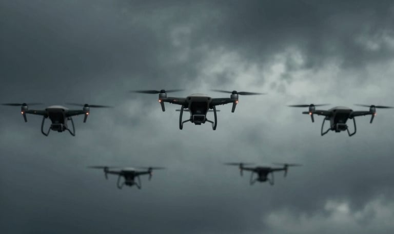 Close-up of a rugged, custom-built drone frame designed for military use, resting on a workbench with tools around.