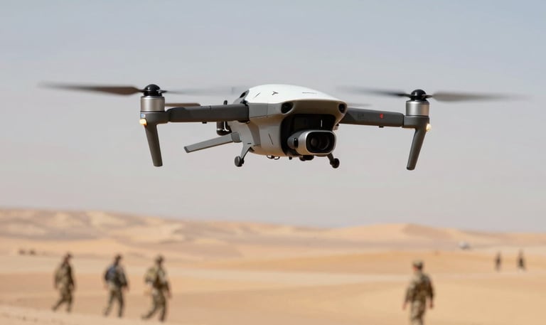 Military personnel participating in a drone training session outdoors, with instructors guiding them through drone controls.