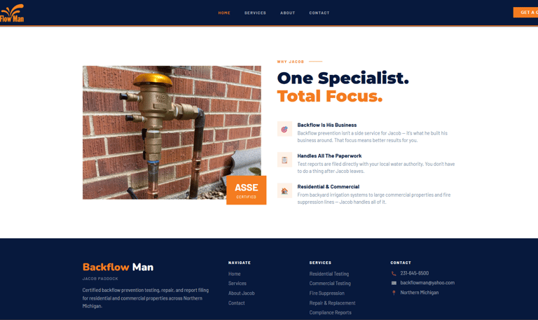 Sample backflow testing website design for Michigan backflow preventer companies by Tundra Co.
