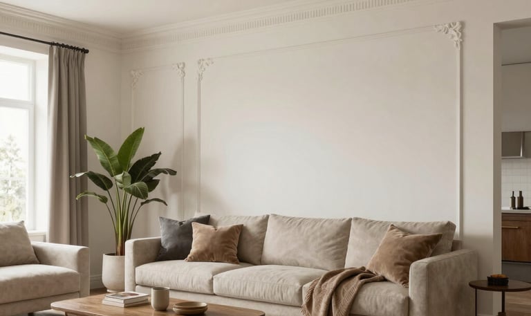 Close-up of elegant white crown molding perfectly fitted along a living room ceiling.