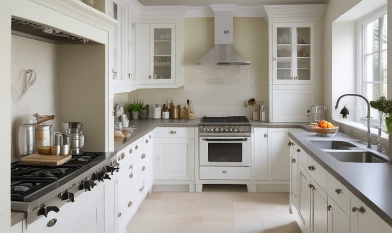 Close-up of a large kitchen island with shaker-style cabinetry in warm earthy hues, showcasing clean lines and functional storage.