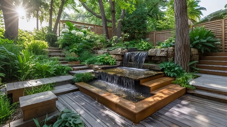 Modern backyard garden with a multi-level stone waterfall, wooden deck, and lush landscaping.