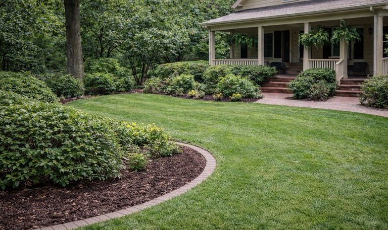After professional yard clean up service in Garner NC showing freshly mowed lawn, clean landscape