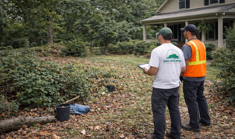 Overgrown residential yard before cleanup with fallen leaves scattered debris and untrimmed shrubs i