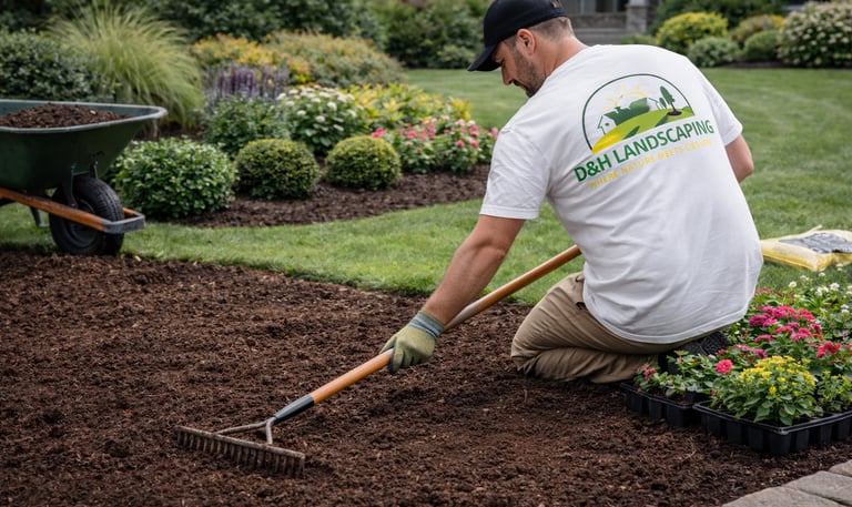 Landscaping professional preparing soil for seeding and planting in the Triangle area of North Carol