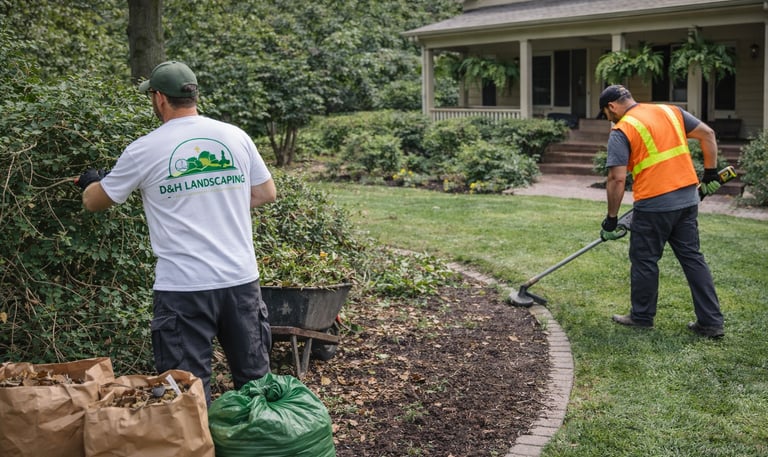 Professional yard cleanup process in the Triangle NC including trimming bushes edging lawn borders a