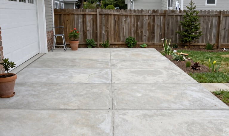 Newly completed modern concrete driveway with sharp lines and a smooth surface under natural daylight.