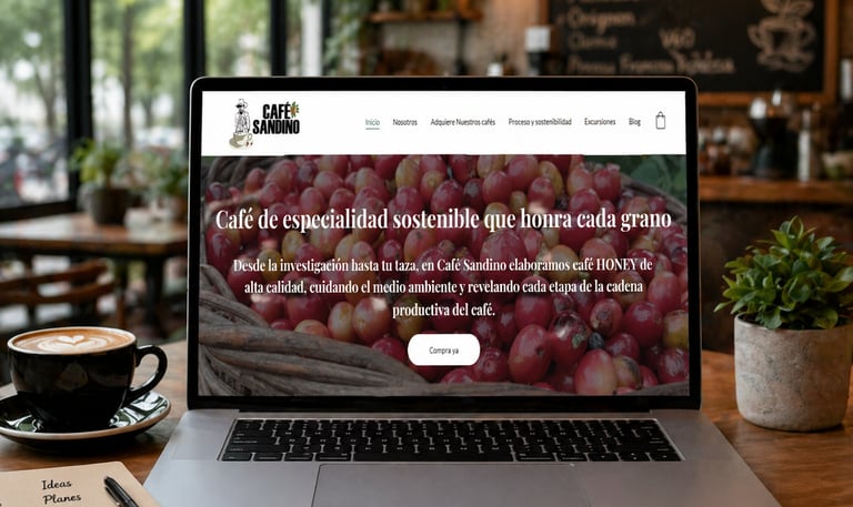 Un portátil muestra la página web de Café Sandino sobre una mesa de madera de una cafetería