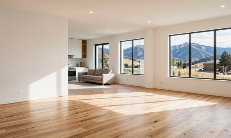 Close-up of a beautifully finished hardwood floor in a cozy living room.