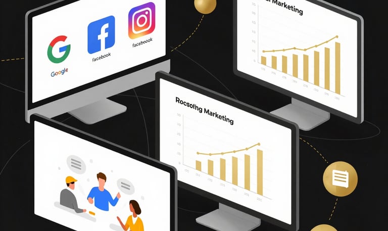 A local business owner happily engaging with customers on social media.