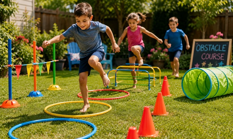 Kids enjoying an obstacle course in the backyard, a perfect summer activity.