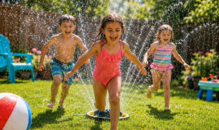 Kids running through the sprinkler in the backyard.
