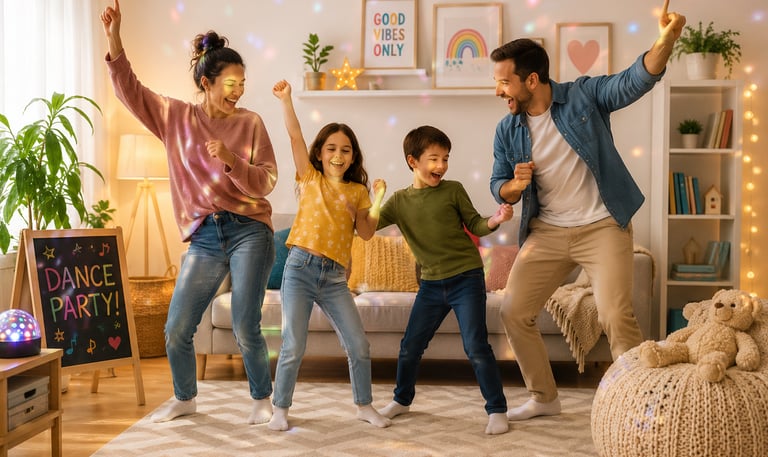 A family  having a indoor dance party. A perfect rainy day activity.