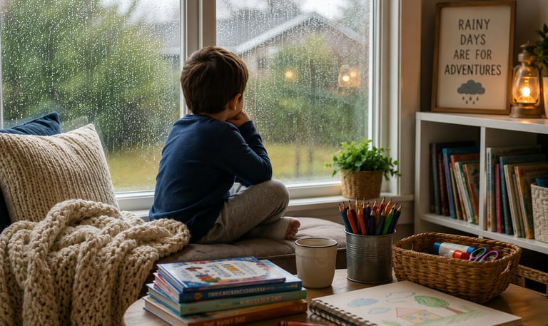 A child looking outside the window to see it is raining outside. 