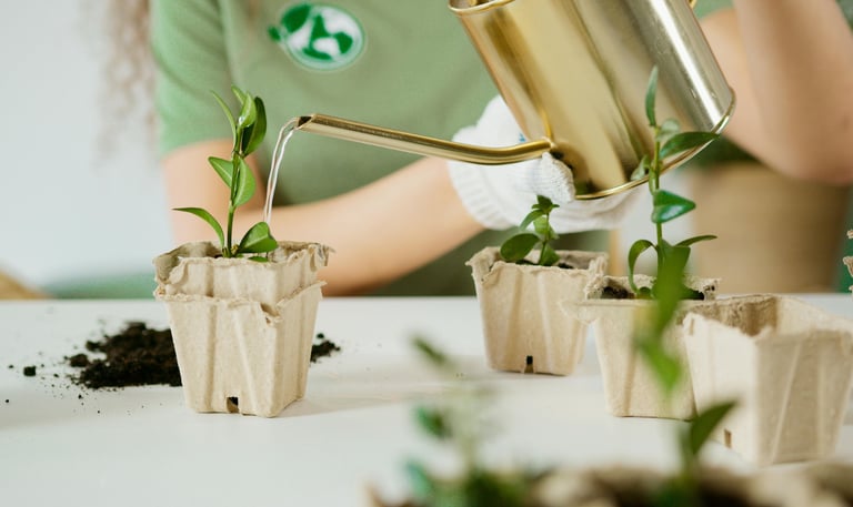 A person watering seedlings.