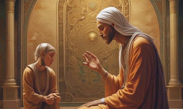 A man in traditional white and gold Middle Eastern robes teaching a seated child in an ornate Islamic prayer room.