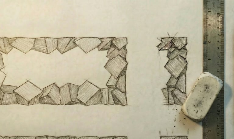 Pyrite Console sketch by Stanislas Garaud, eraser, ruler, mechanical pencil