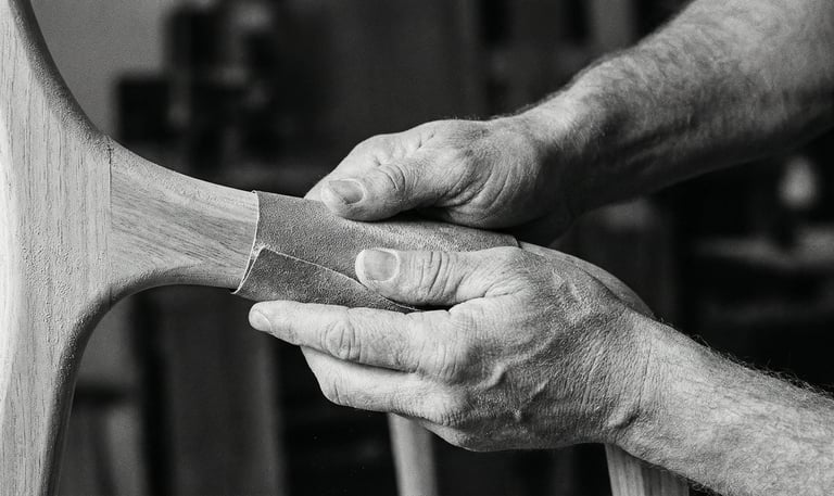 Hands of french craftman sanding an organic piece of wood