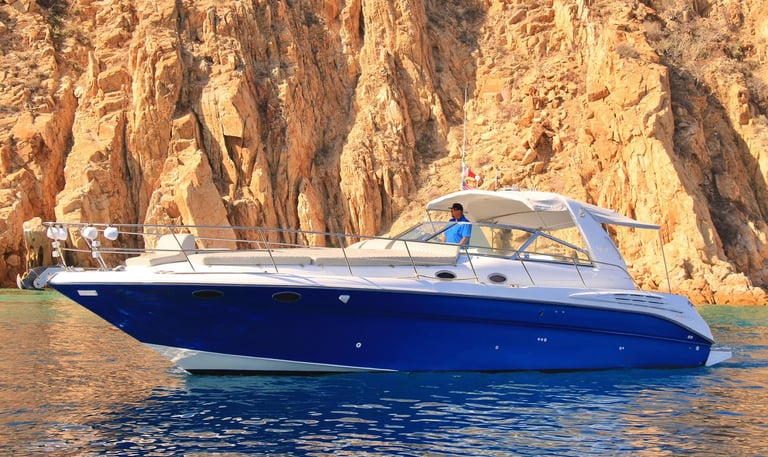 A luxury blue and white powerboat yacht cruising past rugged golden desert cliffs on the ocean.