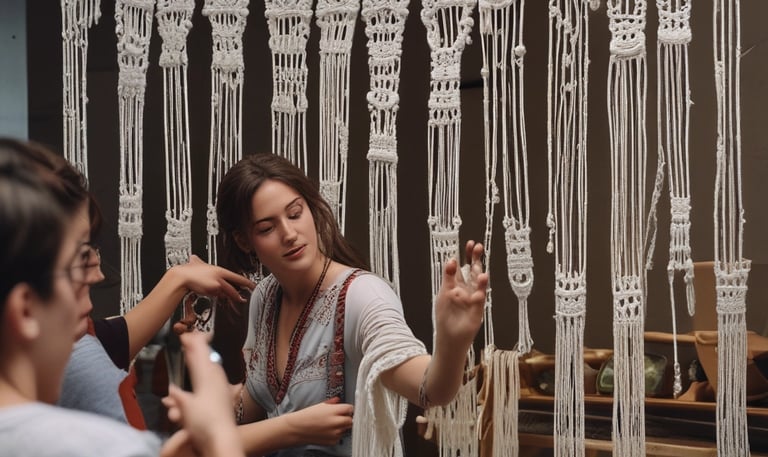 Una mujer examina un intrincado colgante de pared de macramé blanco con patrones de nudos bohemios 