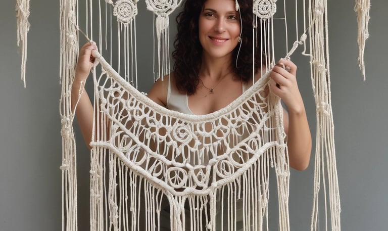 Una mujer examina un intrincado colgante de pared de macramé blanco con patrones de nudos bohemios 