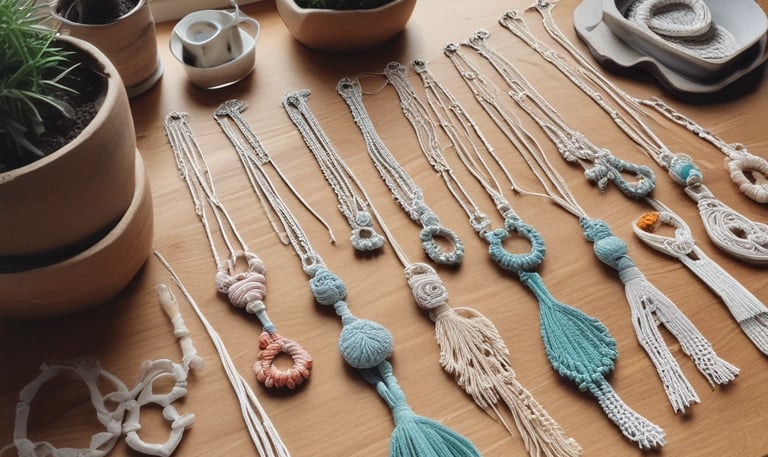 Una mujer examina un intrincado colgante de pared de macramé blanco con patrones de nudos bohemios 