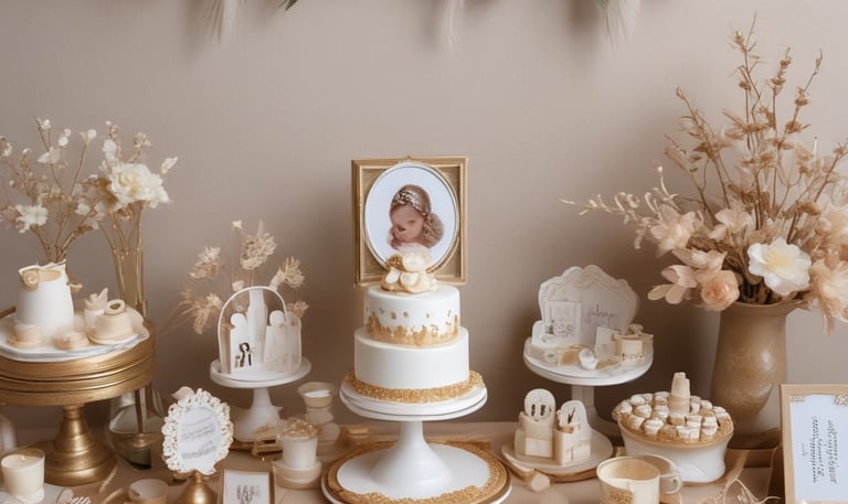 A beautifully decorated birthday table with pastel balloons and custom laser-cut name tags.