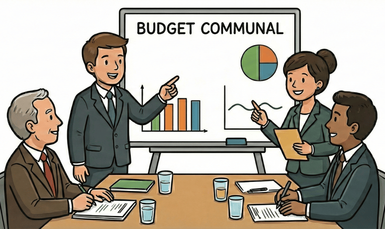 Des personnages étudiant le budget de la commune