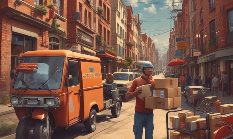 A delivery van parked outside a small neighborhood store with boxes being unloaded.