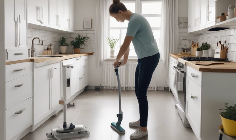 A tidy, sunlit office space with sparkling floors and organized desks.