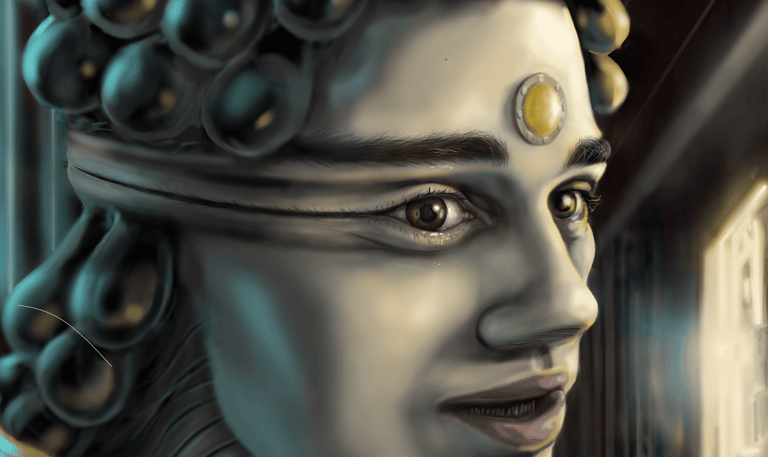 Surreal digital portrait of a person wearing a futuristic crown and bubble headpiece in a hallway.