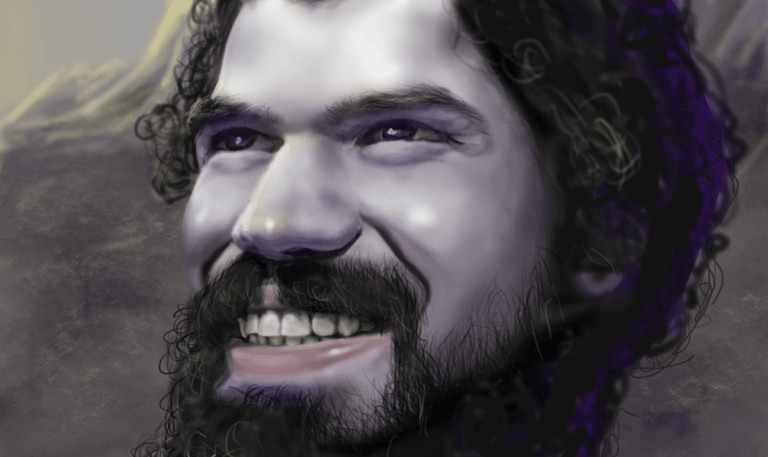 Digital painting of a smiling man with curly dark hair and a thick beard in a fantasy art style.