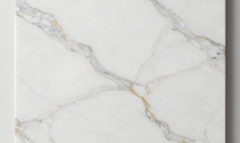 Close-up of polished white marble slabs with subtle gray veining stacked neatly in a sunlit warehouse.