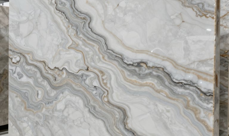 A vibrant kitchen countertop made from speckled granite, bathed in natural light with modern fixtures around.