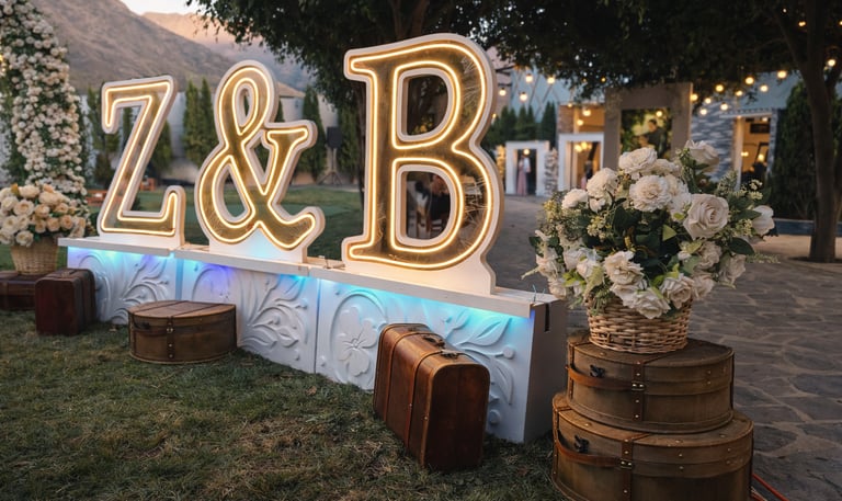 Letras escénicas iluminadas con tecnología LED RGB y base decorativa, con cambio de color controlado