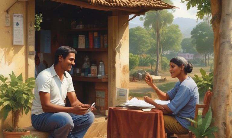 A farmer inspecting healthy green crops in a sunlit field, holding a tablet showing loan details.