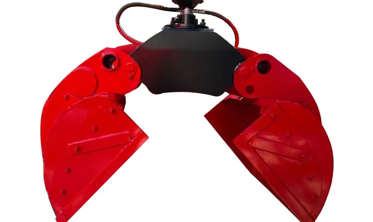 Red and black excavator with red bucket, mounted crane equipped with shell gripper for lifting sand.