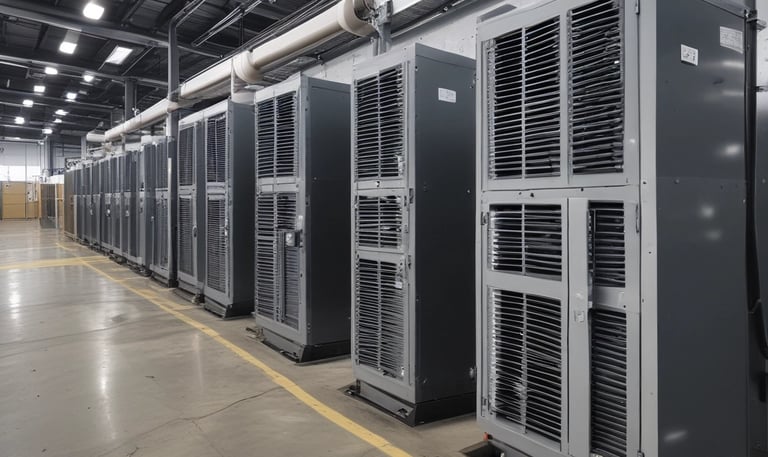 A large, industrial facility with multiple cylindrical metal tanks equipped with various pipes and valves. Control panels with lit indicators are mounted on the walls. A person in a reflective vest walks alongside a row of yellow safety railings.