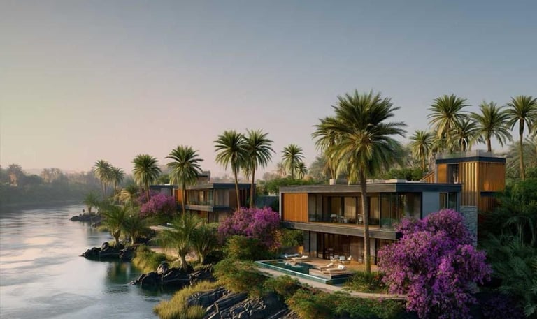 Luxury Nile-front villas in Jirian New Zayed by Nations of Sky – modern architecture with private pools overlooking the Nile