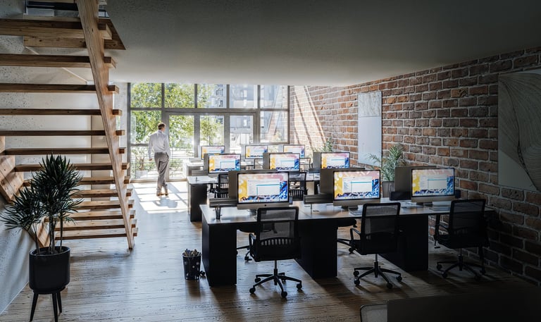 Rendu 3D ultra réaliste d’un espace de bureaux industriels – BenRaff Studio