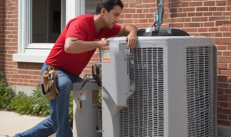 Three air conditioning units mounted on the exterior wall of a building, with a closed vent in the center. The wall is a warm, peach color and the units have a beige finish. A black cable runs vertically along the left side of the image.