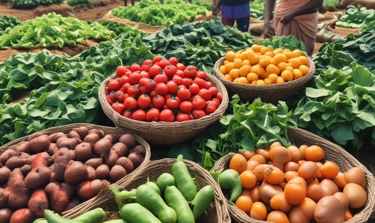 Farmers working in the fields, showcasing their fresh produce.