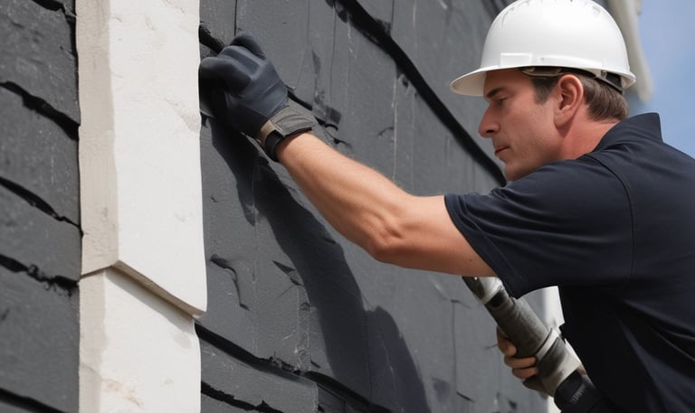 A person wearing a bandana and a blue and orange shirt is working on a brick wall, carefully placing a brick into place. The wall shows signs of cement application, and there is construction material scattered around. A building and a water tank are visible in the background.