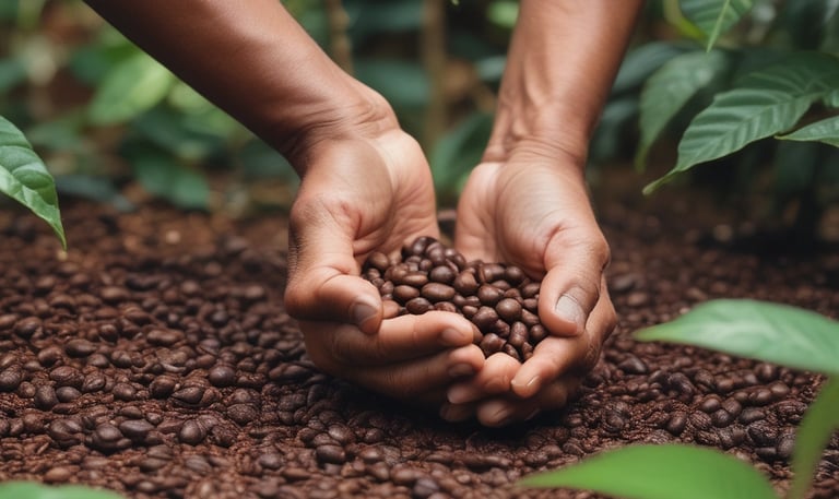 Close-up of hands planting young coffee seedlings in rich soil on a farm.
