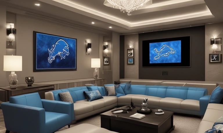 A modern home theater room with plush seating and ambient lighting.
