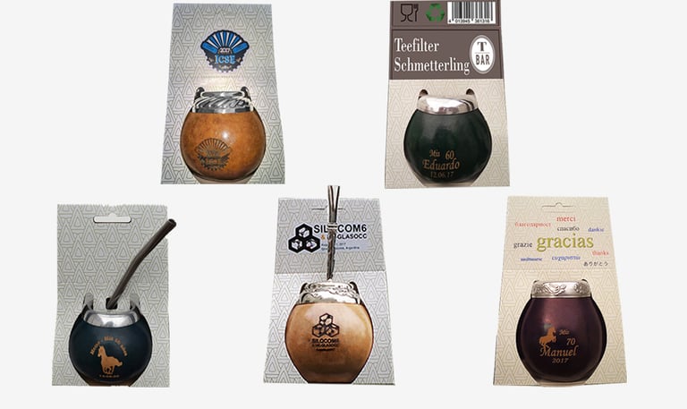 Variety of mates that include a bombilla, personalized with laser and presentation