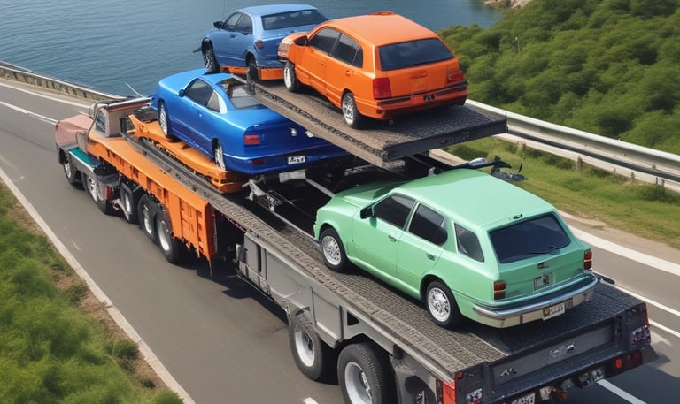 A person carries a large cardboard box filled with various smaller boxes and packaging materials on their shoulder, walking along a city street. The street is lined with buildings and a street sign is visible in the background.