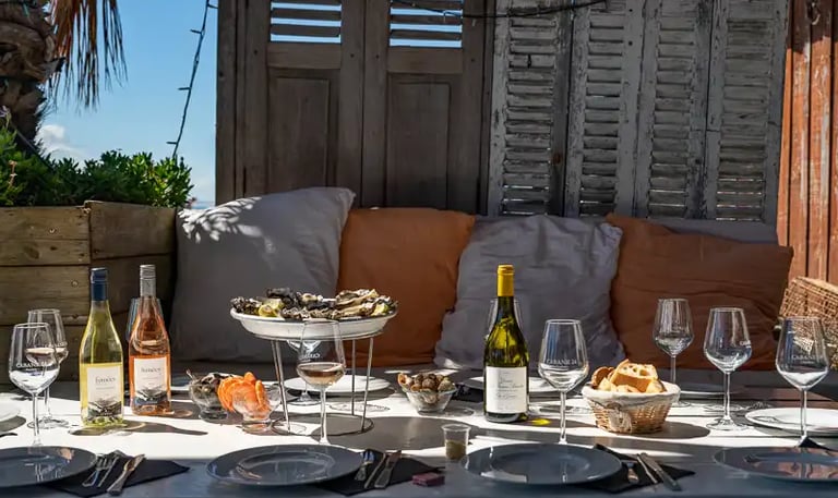 Belle table sur le bassin d'arcachon avec des huitres, des crevettes et du vin
