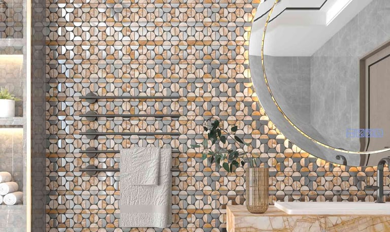 a bathroom with a stone wall and a mirror