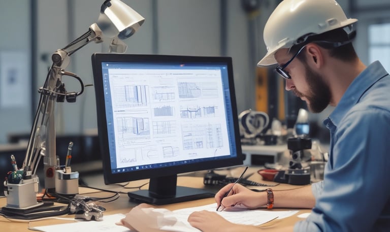 A professional reviewing technical reports in an office.